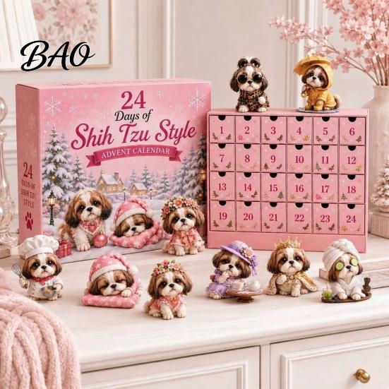 Plastic Christmas Ornament Shih Tzu Advent Calendar, 24-Day Countdown Toy Set with Mini Dog Children Box Figures, Tree Hanging Decor, Gift for Lovers