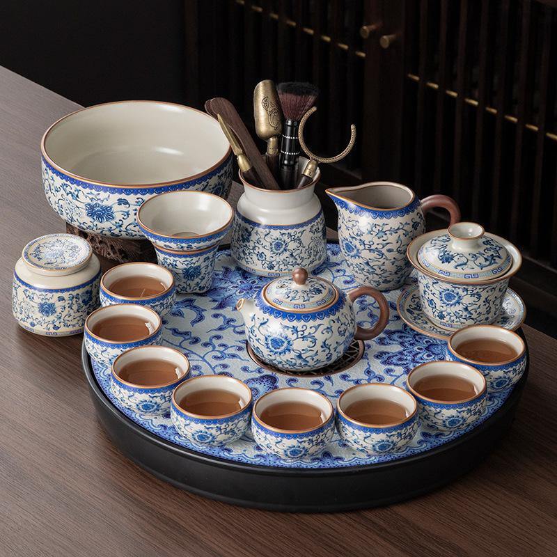 New Ru Kiln Ceramic Kung Fu Tea Set Tea Table A complete set of home office teapot tea cup tea tray set