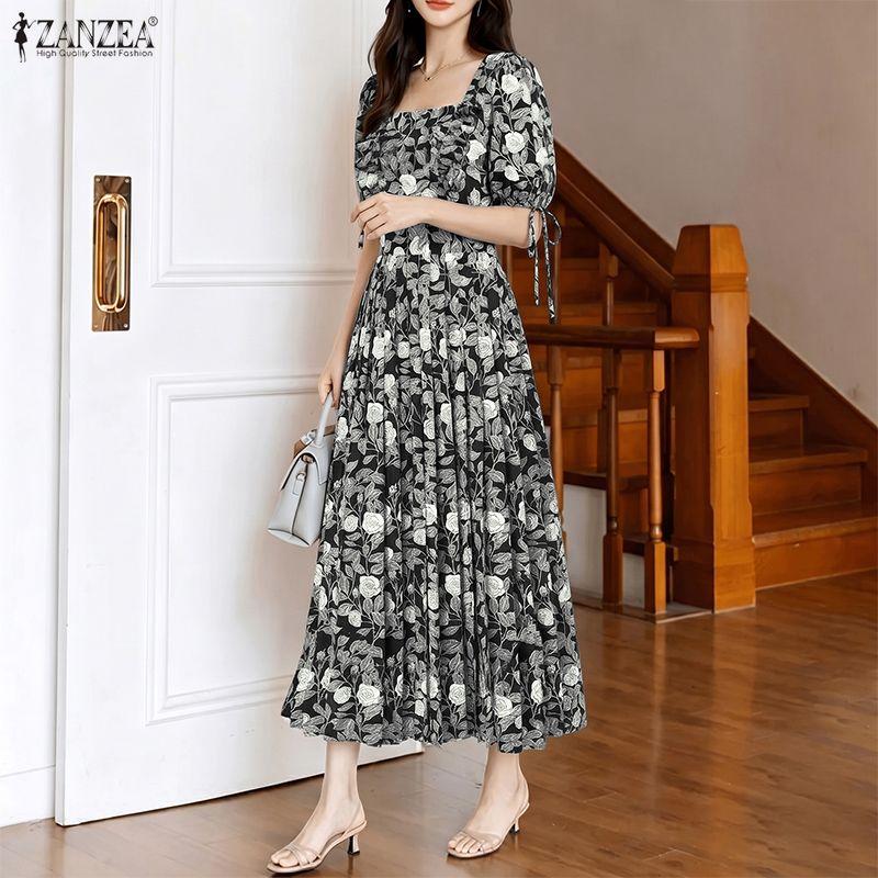 ZANZEA Women Square Collar Loose Casual Floral Print Short Sleeve Dress