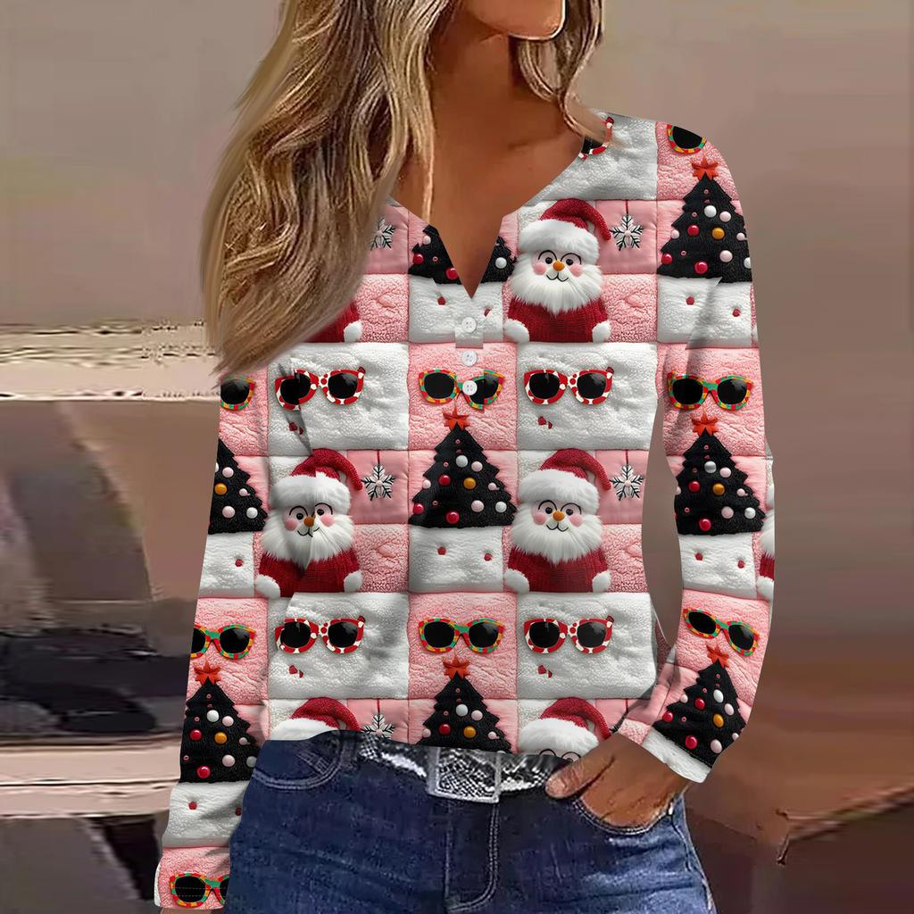Women's Fashion Casual V-Neck Button-Up Long-Sleeve T-Shirt With Christmas Print Top