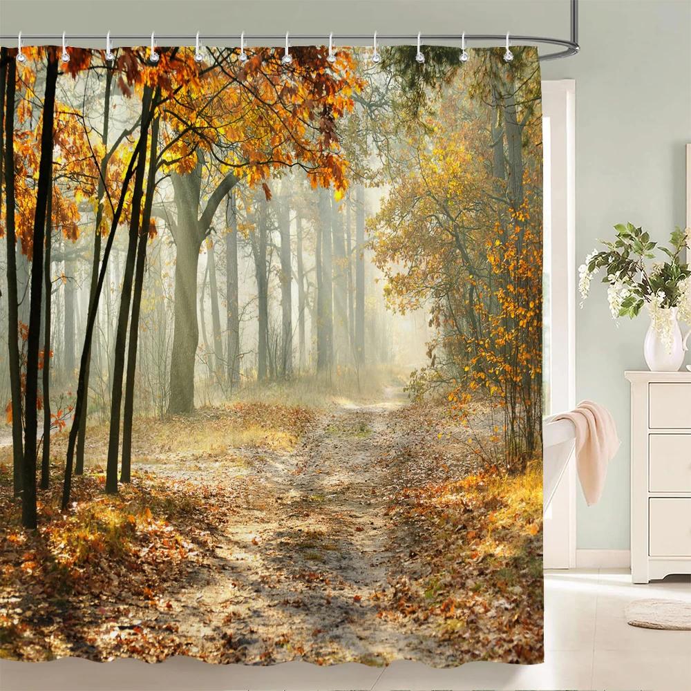 Forest Scenery Printed Fabric Shower Curtains Autumn leaves Tree leaf Bath Screen Waterproof Products Bathroom Decor with Hooks
