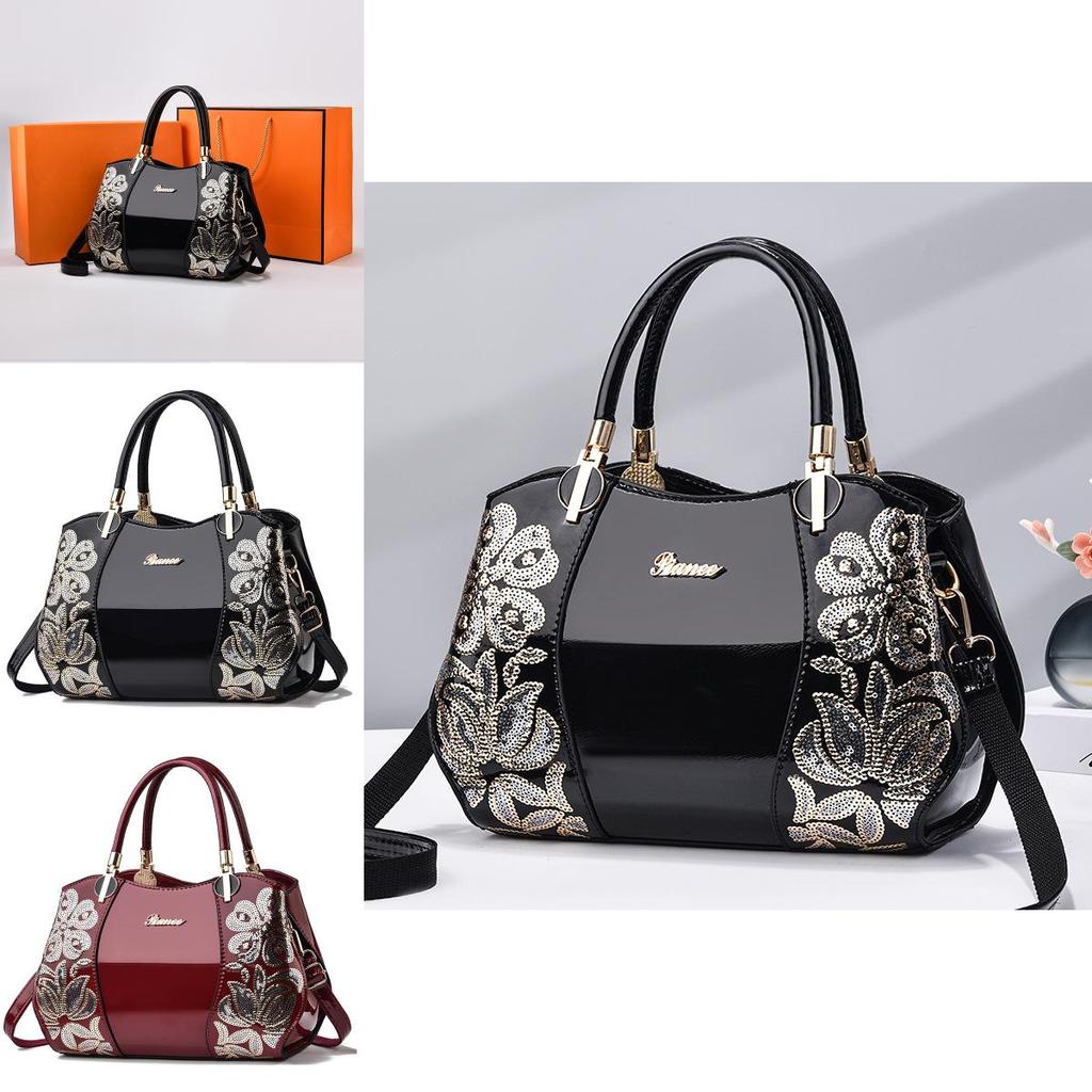 Stilvolle Damen-Boston-Tasche für mittlere Jahre, Große, Atmosphärische Damenhandtasche, Patentleder-Mama-Tasche, Handtasche mit großem Fassungsvermögen