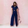 Polka Dot Wide Leg Jumpsuit Sexy Slim Waist Short Sleeve Dolman Neck Solid Color Trousers