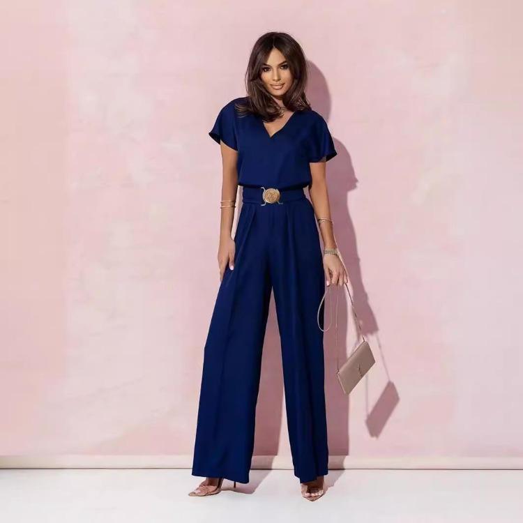 Polka Dot Wide Leg Jumpsuit Sexy Slim Waist Short Sleeve Dolman Neck Solid Color Trousers