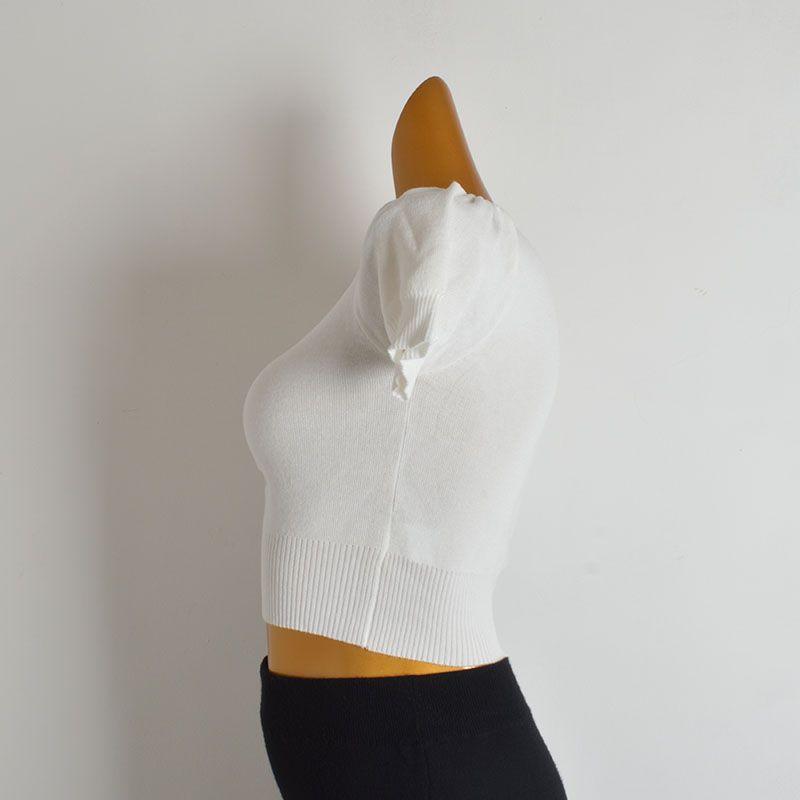 French Style New Arrival Pure Color Pullover V-neck Ruched Puff Sleeves Knitwear Women's Clothing Summer Silm Slimming Short Top