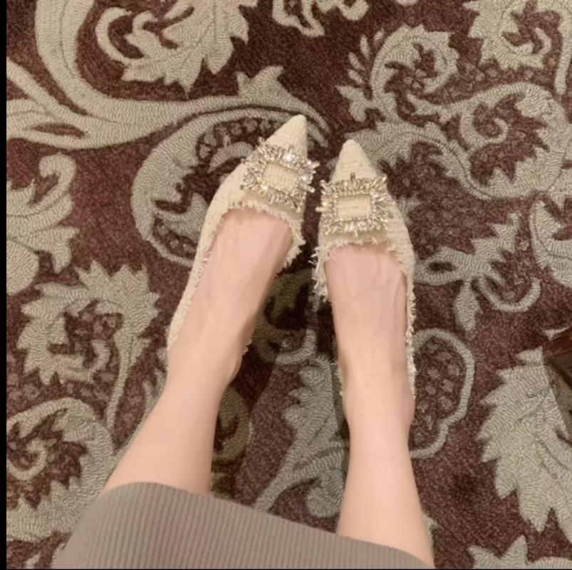 Fashion Flat Shoes for Women Spring and Summer 2025 New Diamond Square Buckle Pointed Toe French Large Size Women's Shoes 41 42 43