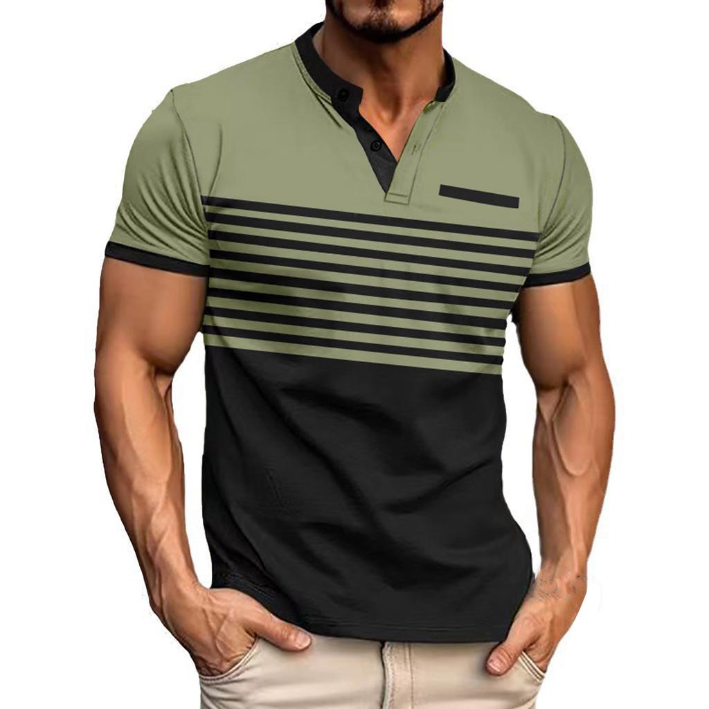 Summer Men's Button Up Round Neck Short Sleeved Shirt Solid Casual Top