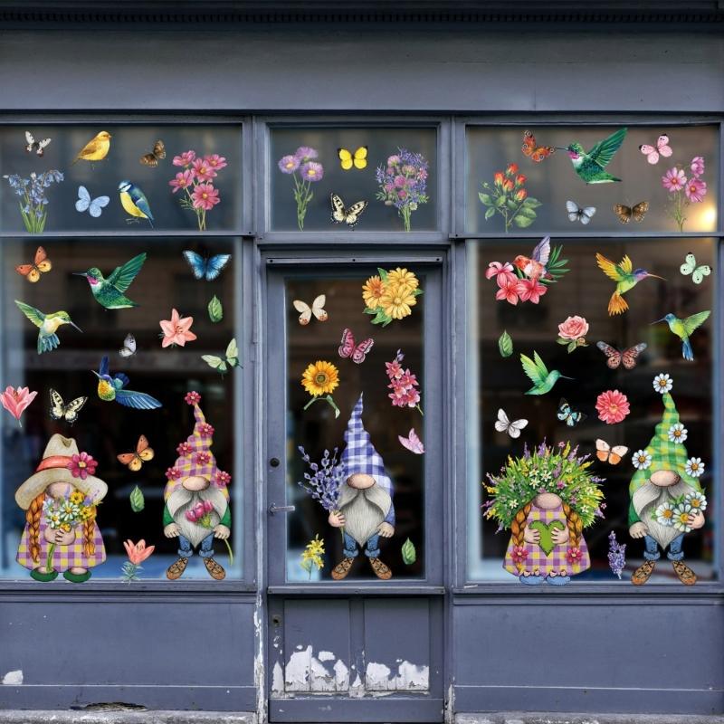 9 Sheets Spring Butterfly Gnomes Static Clings Window Sticker Decal for Bedroom Living Room Festival Home Decorations