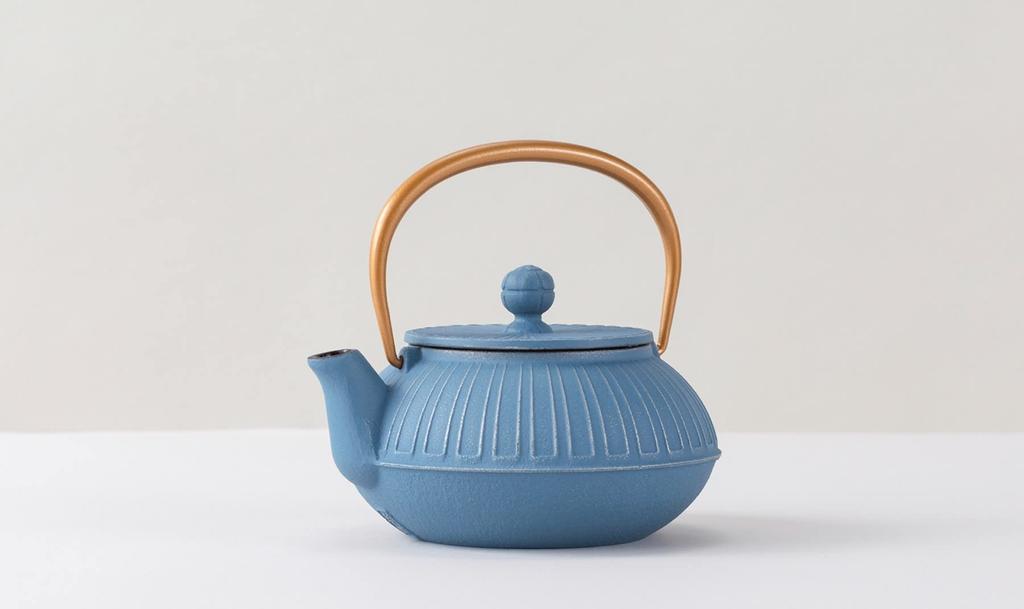 Iwachu Teapot, Type 5, Chrysanthemum Design, Silver/Sky Blue, 0.65L, Enameled Interior, Nanbu Ironware, 44350