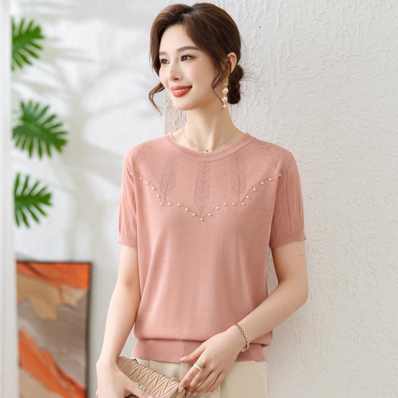 Mom summer short-sleeved knitted top new thin ice silk t-shirt medium and old mother's day shirt women