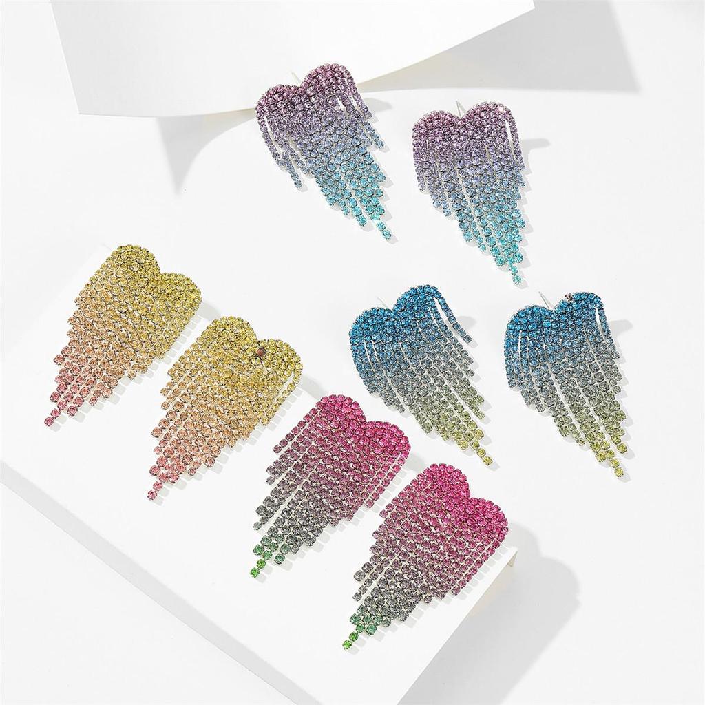 Valentine's Day Gradient Heart Rhinestone Tassel Earrings – Elegant Women's Stud Earrings