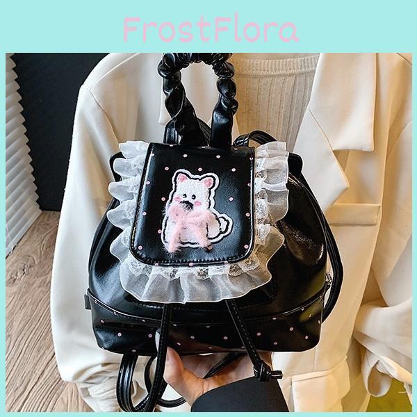 Girls West Highland White Terrier Bow Shoulder Backpack Pu Flower Edge Color Block Casual Bag For Daily Use