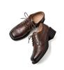 ZUYEE Women's Lace-Up Shoes, Square Toe, Chunky Heel, Wingtip, Genuine Leather Oxford Shoes, Coffee, Size 23.5cm