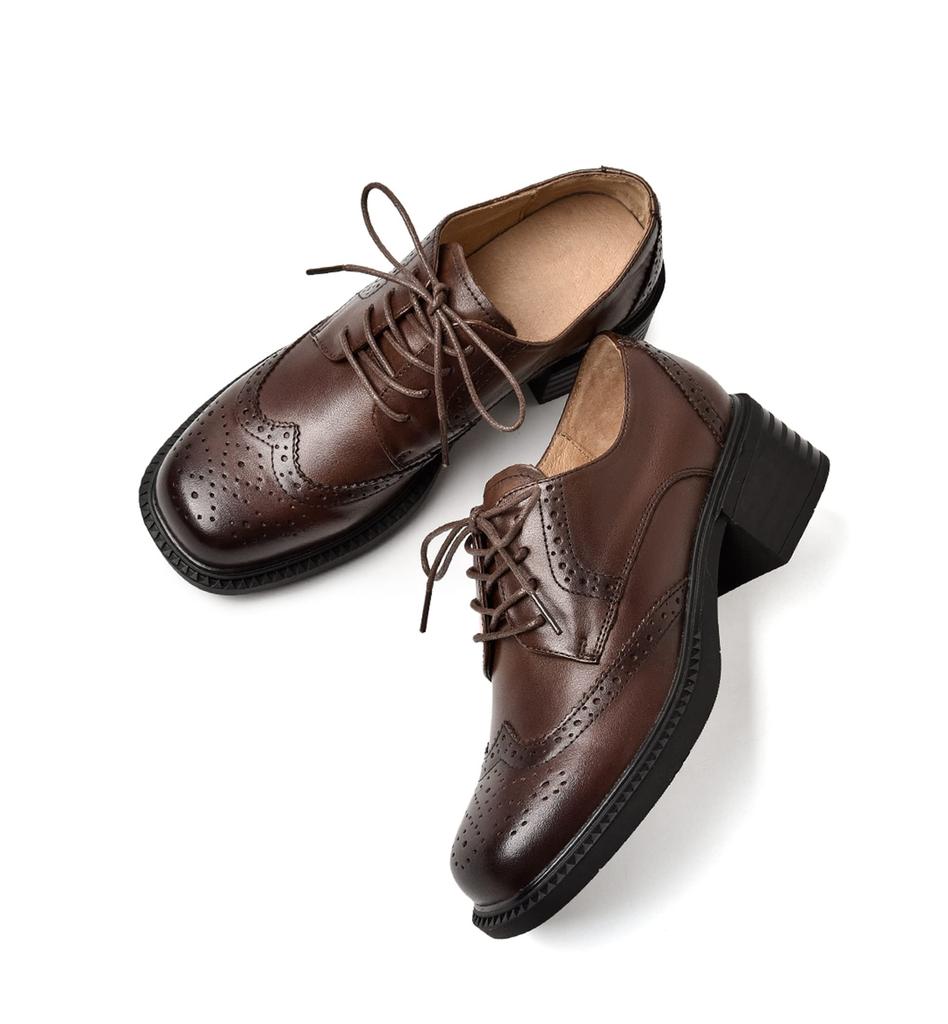 ZUYEE Women's Lace-Up Shoes, Square Toe, Chunky Heel, Wingtip, Genuine Leather Oxford Shoes, Coffee, Size 23.5cm