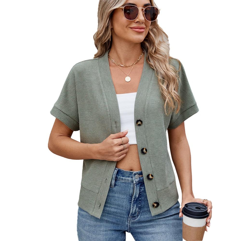 Women's Waffle‑Knit V‑Neck Short Sleeve Button‑Front Open Cardigan Casual Summer Sweater Top