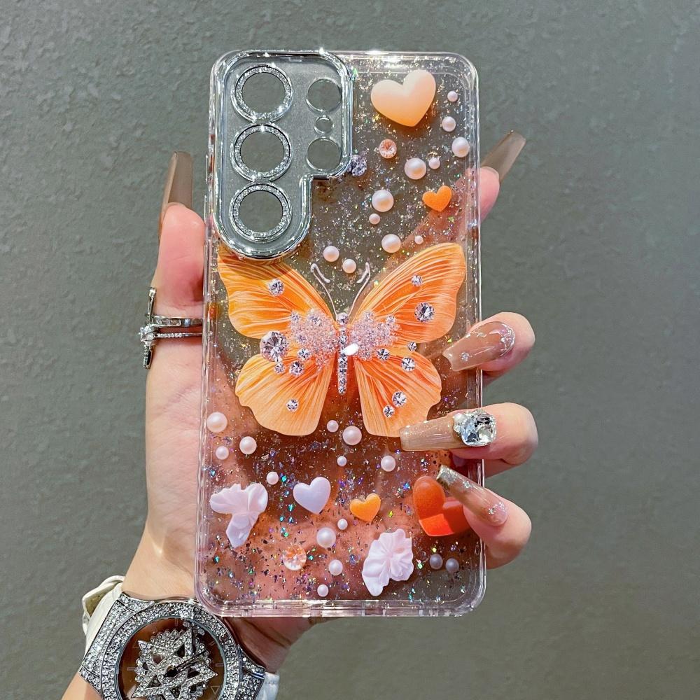 Sparkling Diamond Butterfly Pearl Pattern Case For Samsung S26 Ultra S25 S24 Plus S23 Ultra Soft Bling Glitter Silicone Cover