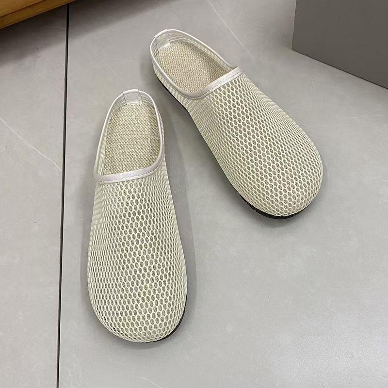 Women's Summer Baotou Mesh Flat Sole Slippers Soft sole Non Slip Breathable Outdoor Half Slippers Lazy Slippers Sandals