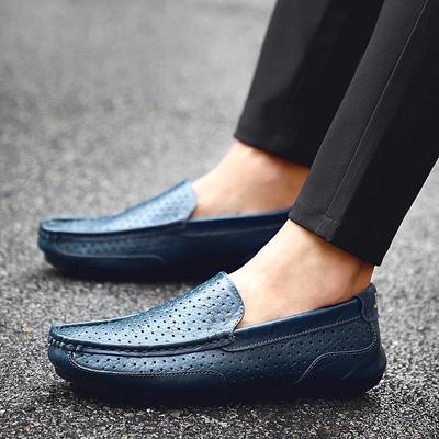 Mocassins masculinos casuais, sapatos de verão, couro legítimo, mocassins masculinos, ocos, respiráveis, sem cadarço, sapatos de direção, tamanho grande