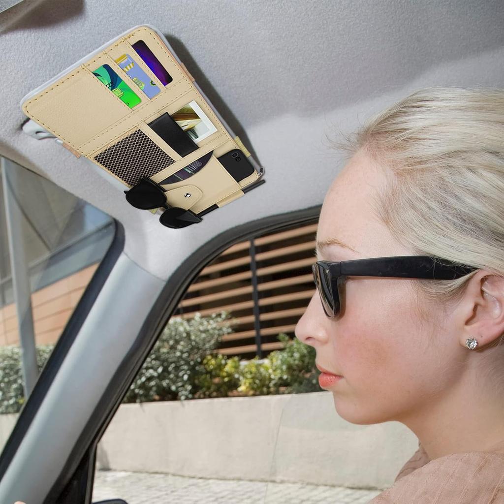 Car Sun Visor Organizer, Leather Pocket Organizer Sunglass Holder For Car Interior Accessories With Multi-Pocket Net Zipper (Beige)