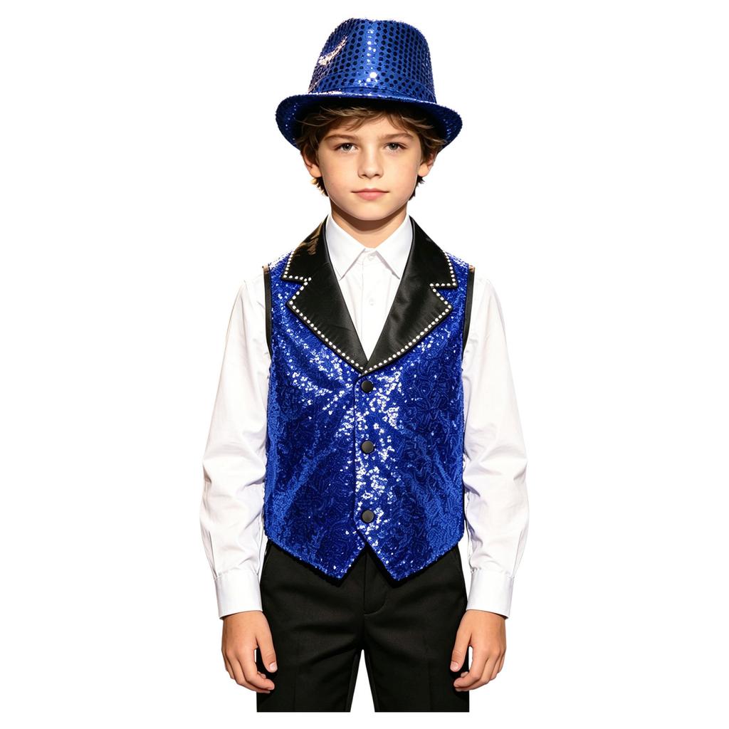 Boys Contrasting Lapel Collar Sleeveless Shiny Sequin Vest Sequined Hat Jazz Dance Performance Set