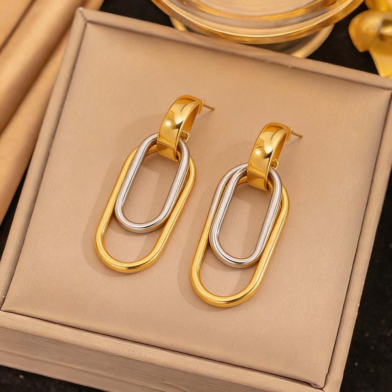 Stainless Steel Metal Double Oval Drop Earrings for Women Fashion Gold Silver Color U Shaped Geometric Earrings Jewelry Gifts