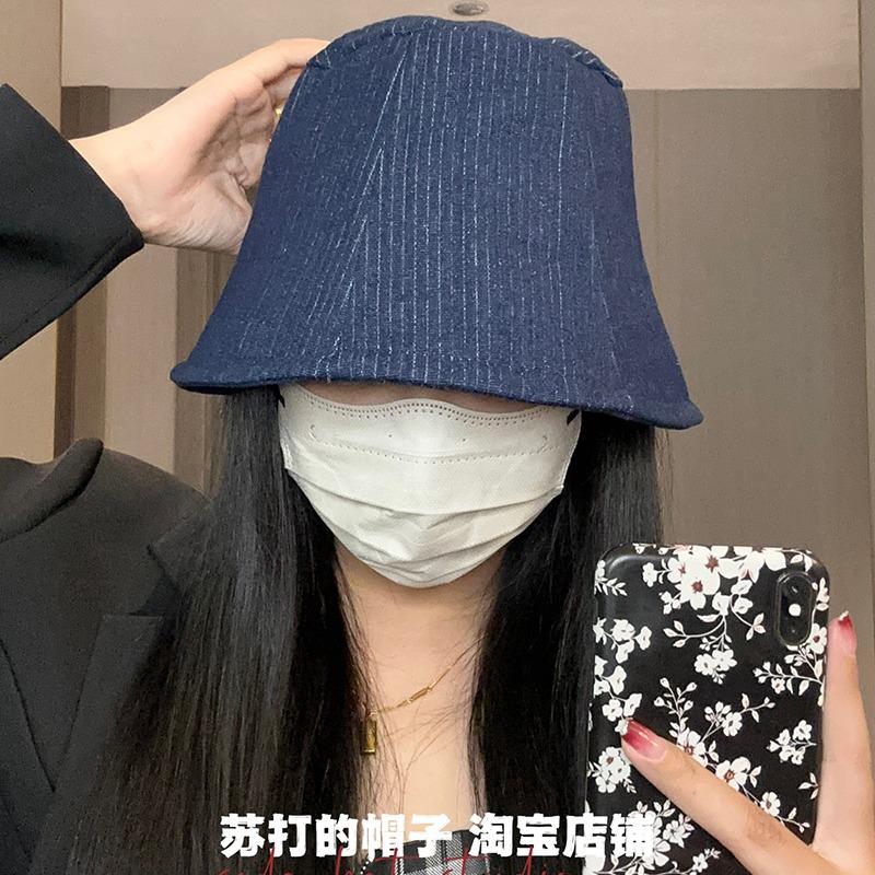Four seasons denim bucket hat female face small plain face cover basin hat micro horn bucket hat outdoor sun hat