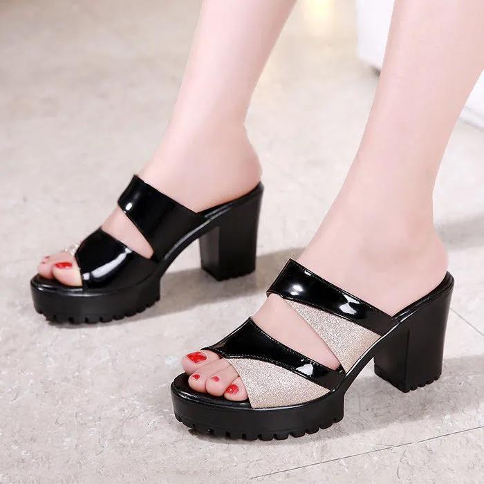 Women's Spring and Summer Large Size Fish Mouth High Heel Slippers Thick Middle Heel Casual Cool Sandals