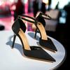 Stiletto Sandals Spring New Pointed Head Shallow Mouth Satin Surface Metal Buckle Line Strap Non-slip High Heels