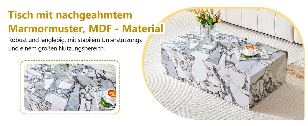 Weißer rechteckiger Couchtisch, Marmor-Imitat-Textur, 90×50×30 cm, MDF, keine Montage erforderlich. Luxuriös, skandinavischer, nordeuropäischer Stil.
