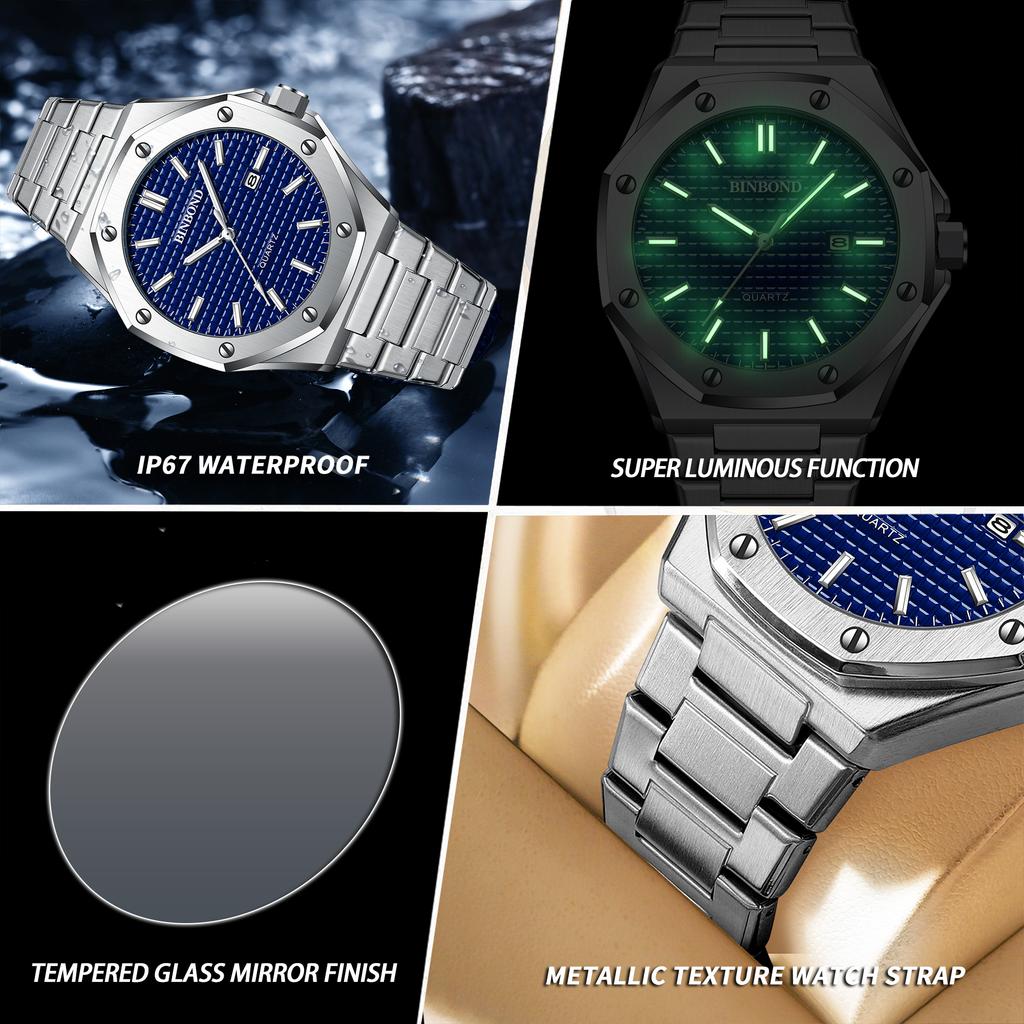 BINBOND Free Ship Luxury Accurate Quartz Wristwatches For Men Luminous Waterproof Auto Date Men's Watch Sturdy Casual Reloj