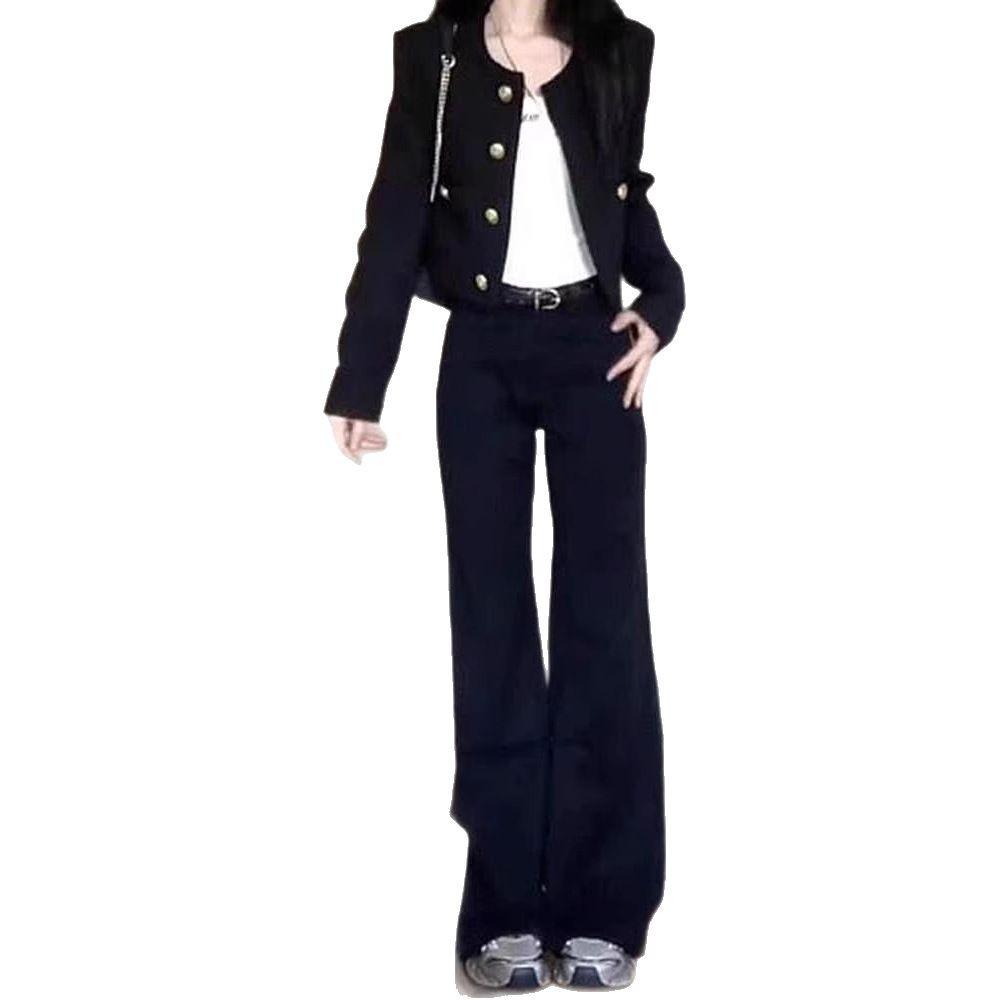 Plus Size Spicy Girl Low Waist Black Flare Jeans for Women - Autumn Slimming Retro Floor-Length Pants