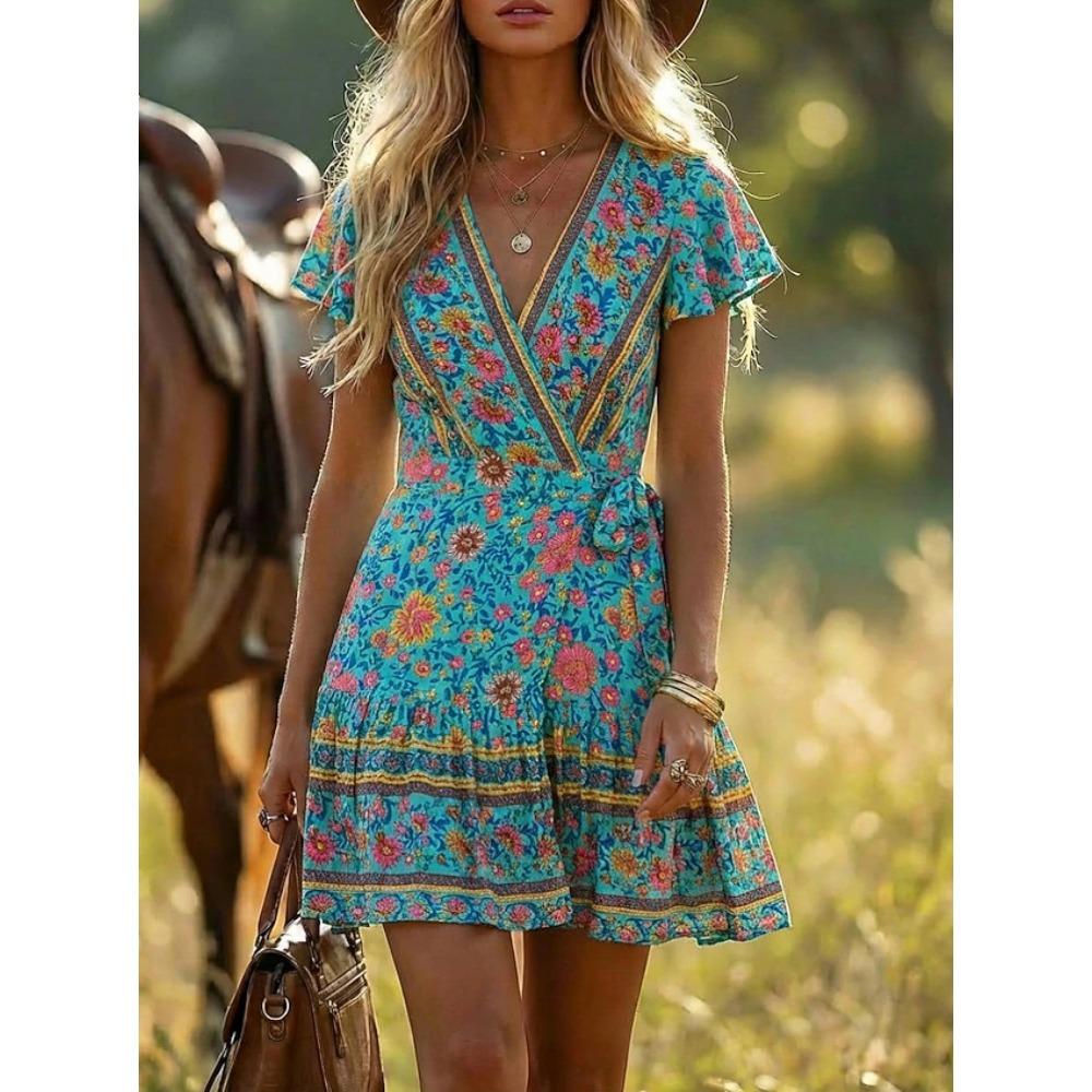 Women's Boho Floral Print V Neck Wrap Short Sleeve Ruffle Hem Mini Dress