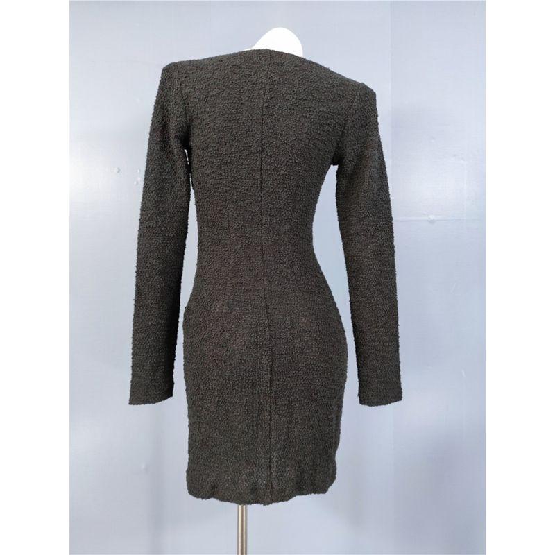 Export Single H Home Texture Uneven Feel Cotton Capable Work Clothing Ol Black Dress Low-Cut Sexy Design Long Sleeve Skirt