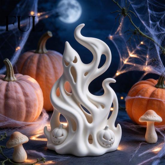 Creative Window Ornament Halloween Flame Ghost Figurine, 3D Printed Spooky Sculpture Fantasy Desktop Accessory with Pumpkins, Abstract Statue