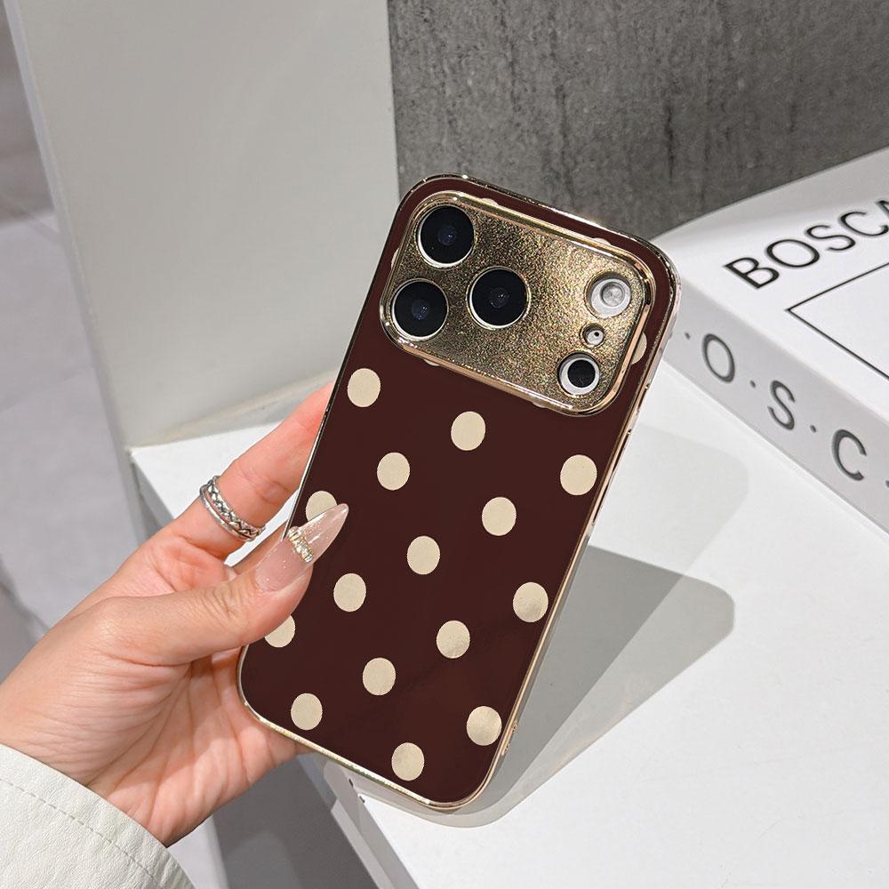 

Lucky Start Phone Case For iPhone 17 16 15 14 13 12 11 Pro Max 16E Gold Electroplated glass shell Brown with Beige Dots Cover IPHONE17AIR