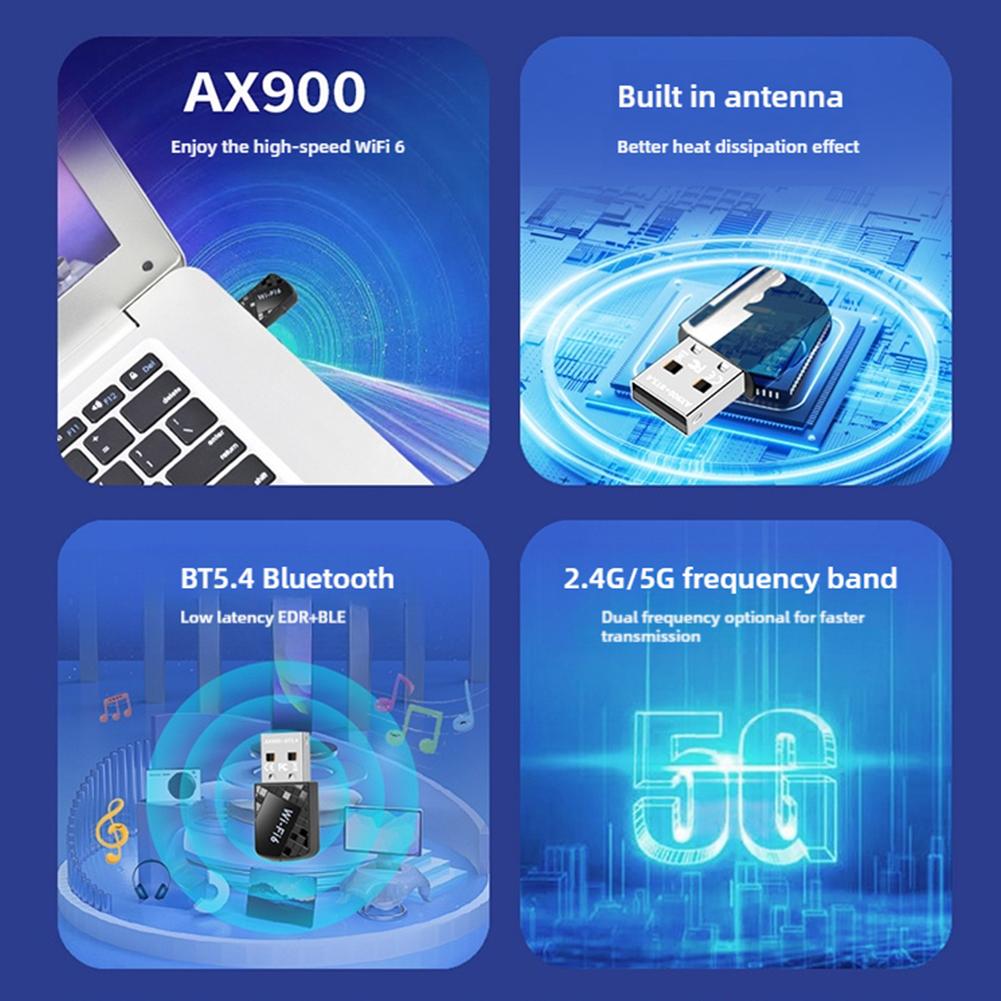 2 in 1 Bluetooth 5.4 USB WiFi 6 Adapter 900Mbps Wireless Network Card Dual Band 2.4G 5G USB Dongle Fast Stable Connection