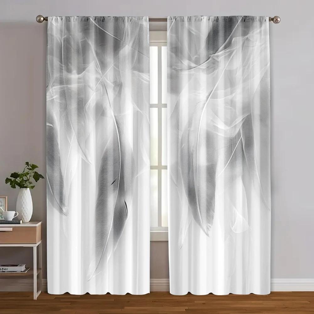 2pcs, Creative Curtains print Gray & White Feather Print Polyester (without rod) Decorations For Home Perfect for Living