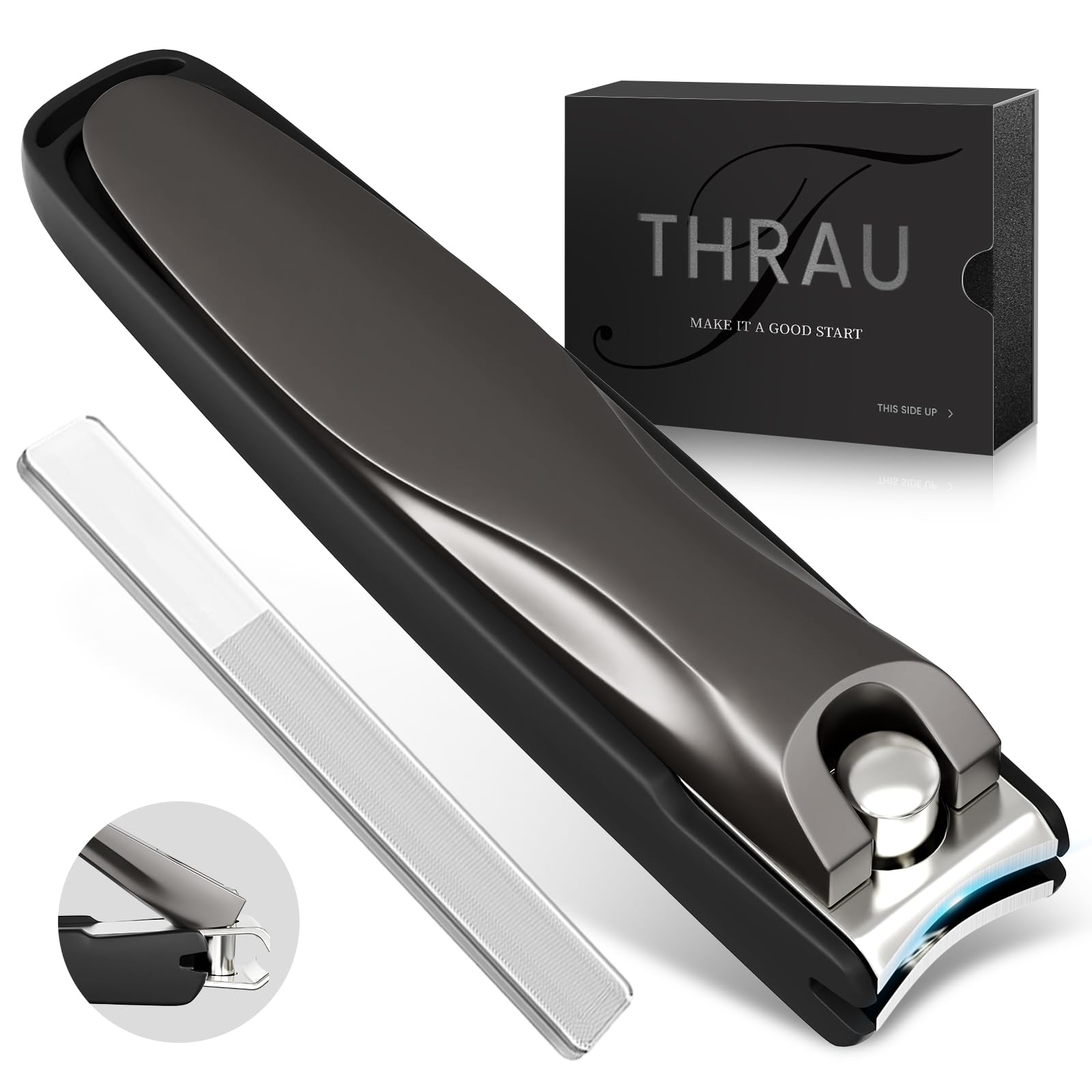 

THRAU Nail Premium Stainless for Hands and Suitable for Thick Easy to Great Gift for Includes Nail File and Glass Anti-Splash Clippers, Steel, Feet,