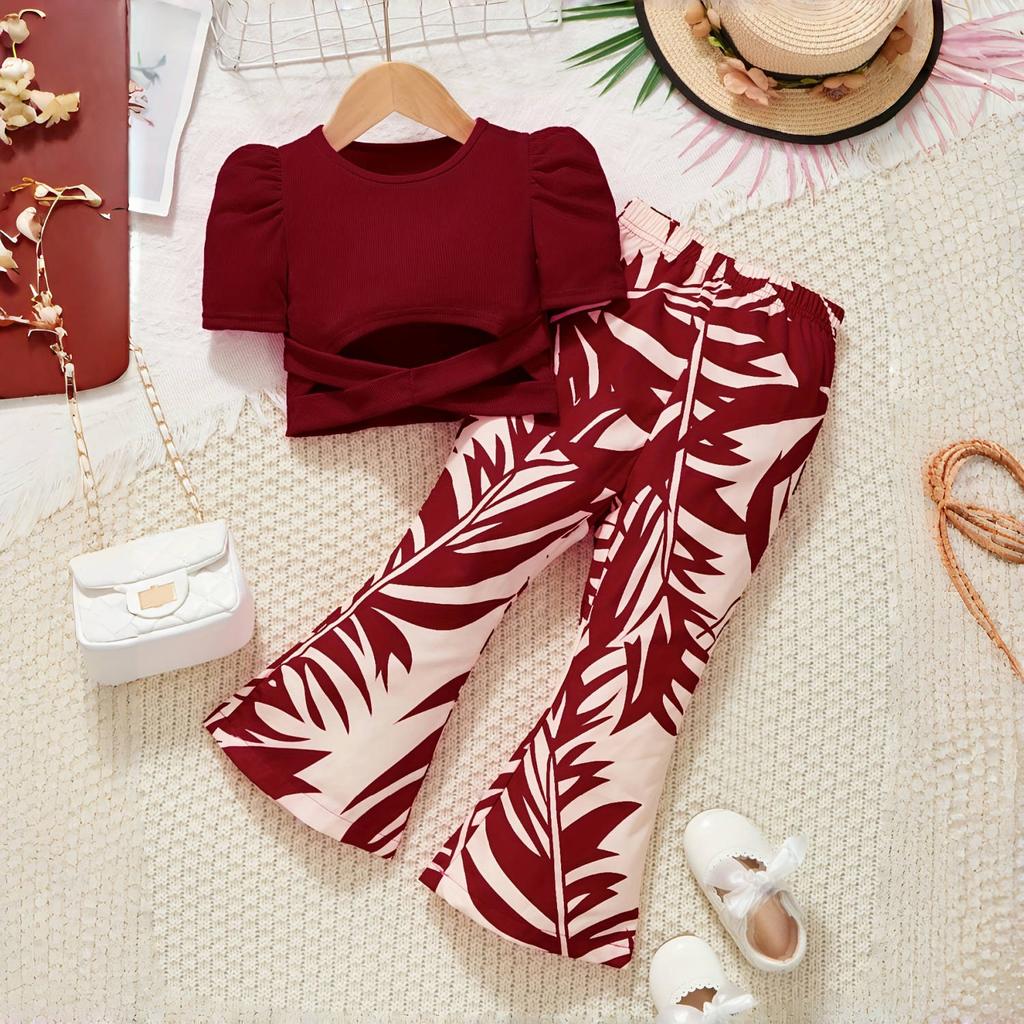 3-10 Years Girls Summer Suit Cross-strap Puff Sleeve Short Top Printed Bell Bottoms Two-piece Set
