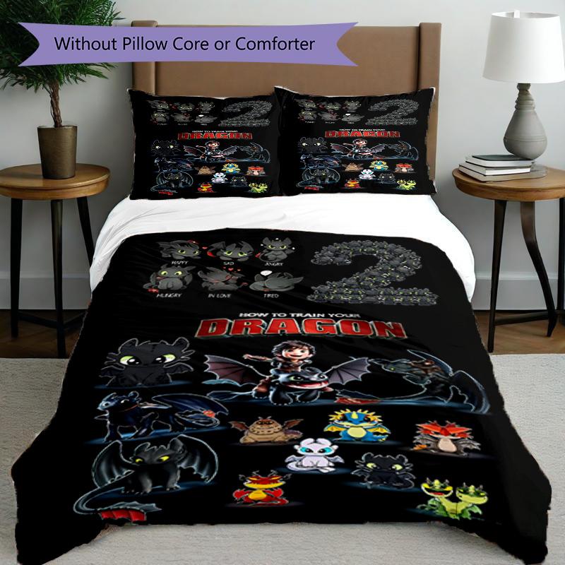 3pcs Duvet Cover Set (1*Duvet Cover + 2*Pillowcase, Without Core), How to Train Your Dragon Print Bedding Set, Bedroom Decor, All‑Season, Birthday Gif