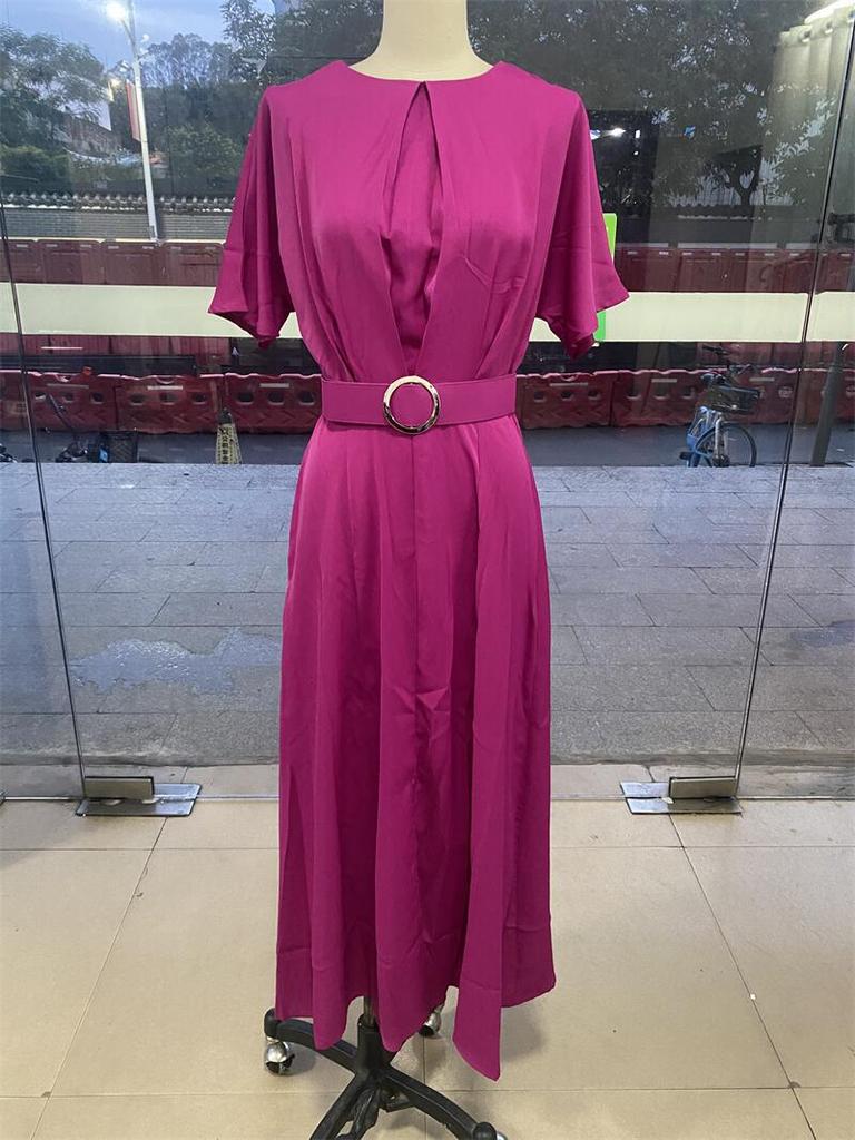 2024 Spring/Summer Pleated Drawstring Women's Maxi Dress - Solid Color Fashion