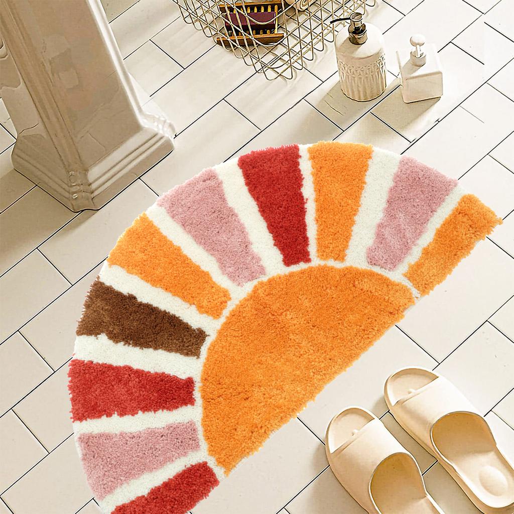 Non-Slip Bath Mat Sun Flower Half Round Door Mat Decorative Soft Microfiber Machine Washable Plant Water Absorbent Bathroom Mat