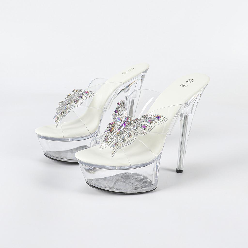 Rhinestone Sexy High Heel 15CM Thin Heel Waterproof Table Slippers Transparent Crystal Shoes Wedding Shoes Banquet High Heel