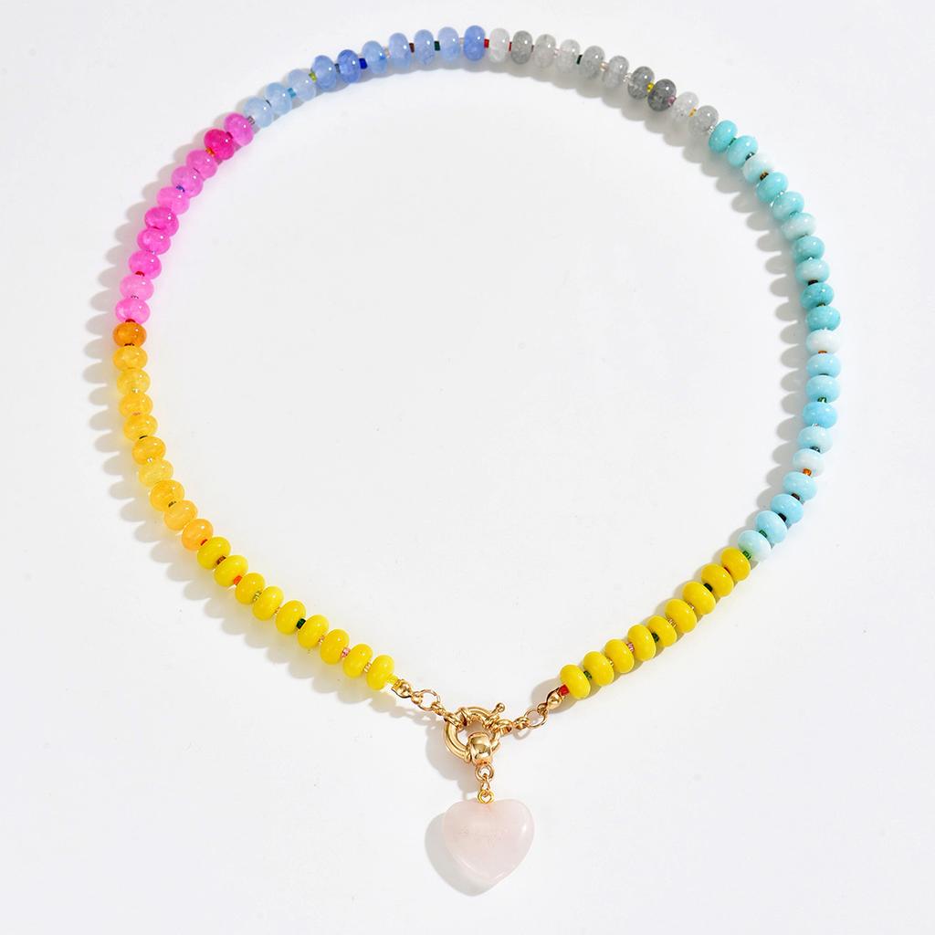 Cross-border Dopamine Natural Stone Bead Necklace, Small Fashion Gradient Heart Pendant Choker Chain for Women