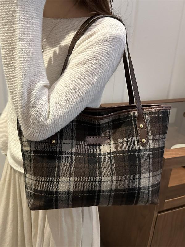Korean Style Plaid Tote Bag - Classic Versatile Large Capacity Shoulder Bag