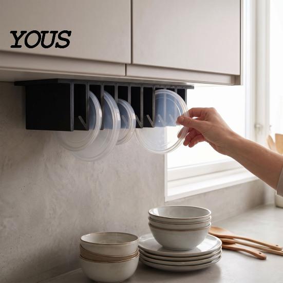 Adhesive Pot Lid Holder Loft Organizer for Cabinet, Self 10 Slots Plastic Food Container Storage Rack, Wall Mounted Space Saving Box Lids Kitchen