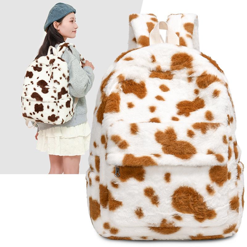 Schultasche Plüsch große Kapazität Schultasche Leopardenmuster Kuhmuster hochwertiger Rucksack Herbst und Winter Pelztasche weiblich süß lässiger Rucksack