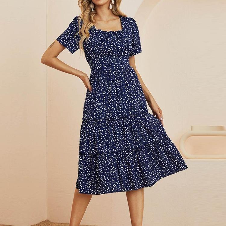 Summer Women Casual Dress Chiffon Medium Long A-Line Short Sleeve Square Collar Ruffles Dot Print Pattern Red Black Blue Green