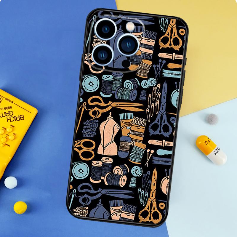 Sewing Scissors Buttons Phone Case For iPhone 17 16 15 14 12 11 13 Pro Max Mini 15 16 Plus 16e 17 Air Bumper Cover