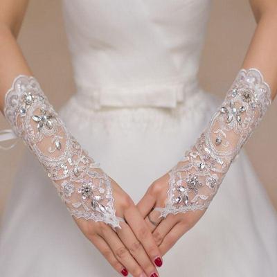 Lace Rhinestone Short Bridal Etiquette Gloves